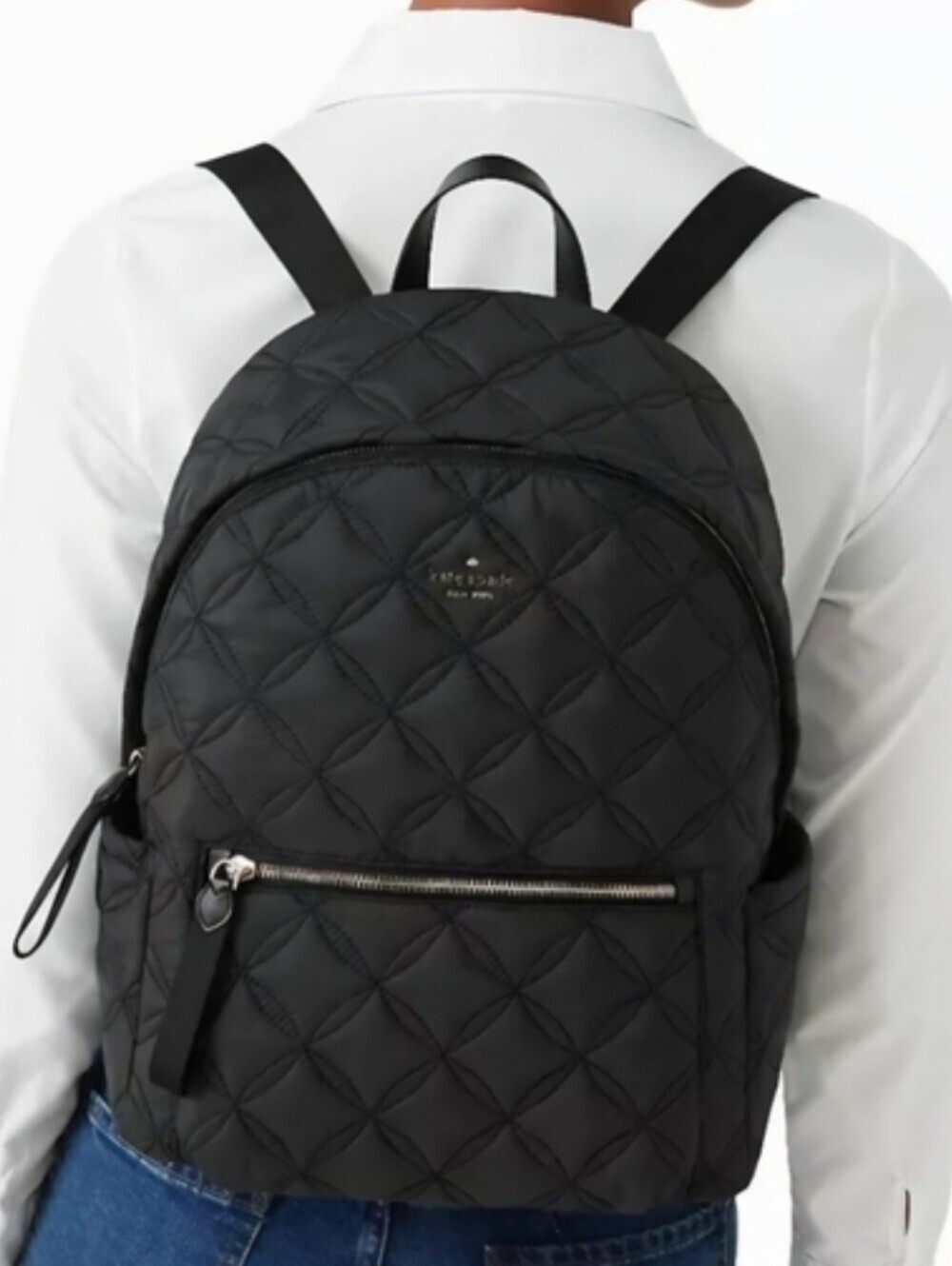 Kate Spade New York Black Quilted Nylon Backpack Gold Zip Travel Laptop Bag